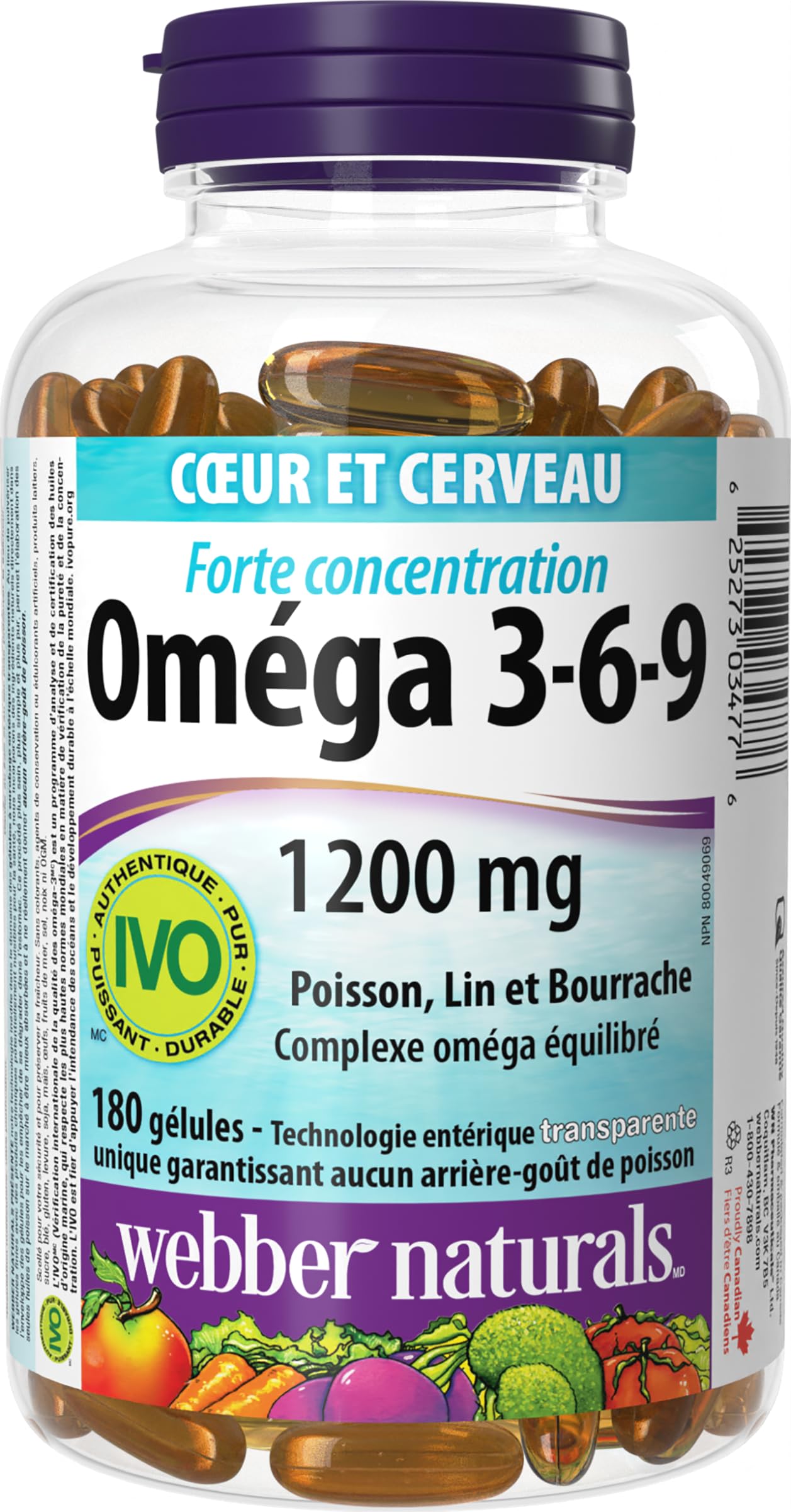Webber Naturals Omega 3-6-9 1,200 mg Fish Oil, 180 Clear Enteric No Fishy Aftertaste Softgels, Supports Cardiovascular Health and Brain Function - Available at All In One Marketplace Canada