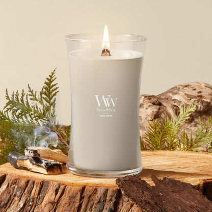 Bougie parfumée WoodWick en forme de sablier, Wood Smoke, 609,5 g, grande taille, jusqu'à 130 heures de combustion, bougie d'automne avec mèche crépitante, mélange de cire de soja, bougie d'Halloween