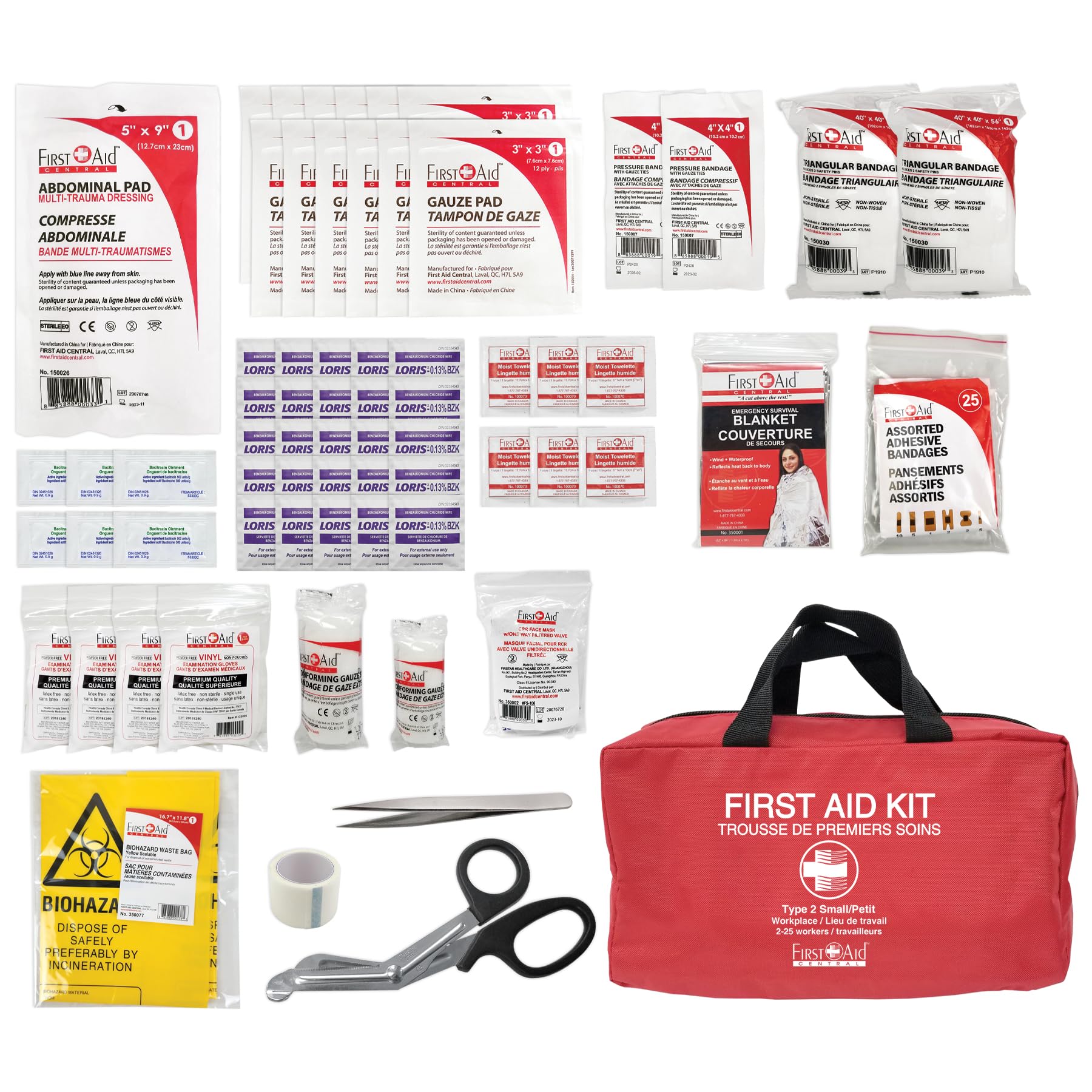 First Aid Central AZ-CSA2SN Type 2 25-Person Basic First Aid Kit, 91 Pieces FIRST AID CENTRAL