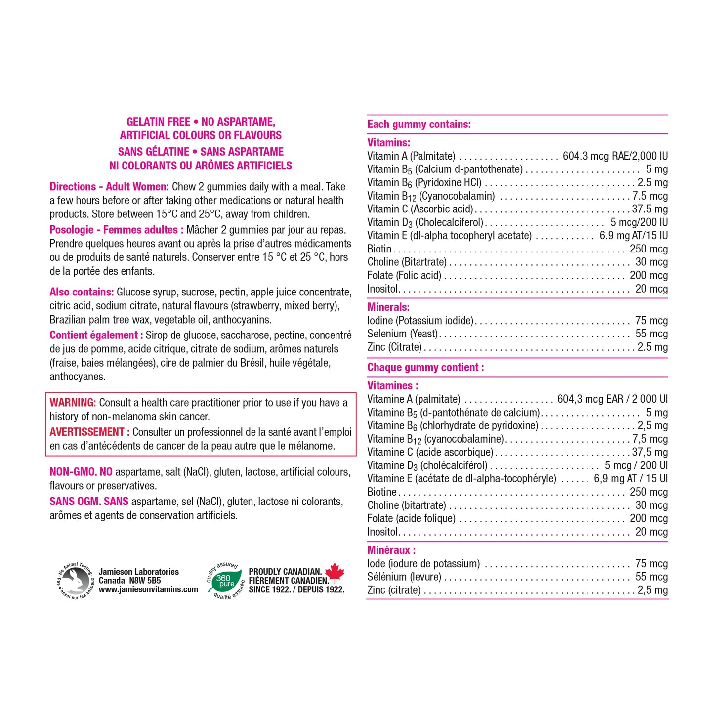 Jamieson Multivitamin Gummies for Women, 130 Gummies Mixed Berry Flavour. Supports Bone Health, Immunity, Energy, Hair, Skin Nails. With Biotin and Vitamin B12, Vegetarian, Non-GMO - Available at All In One Marketplace Canada