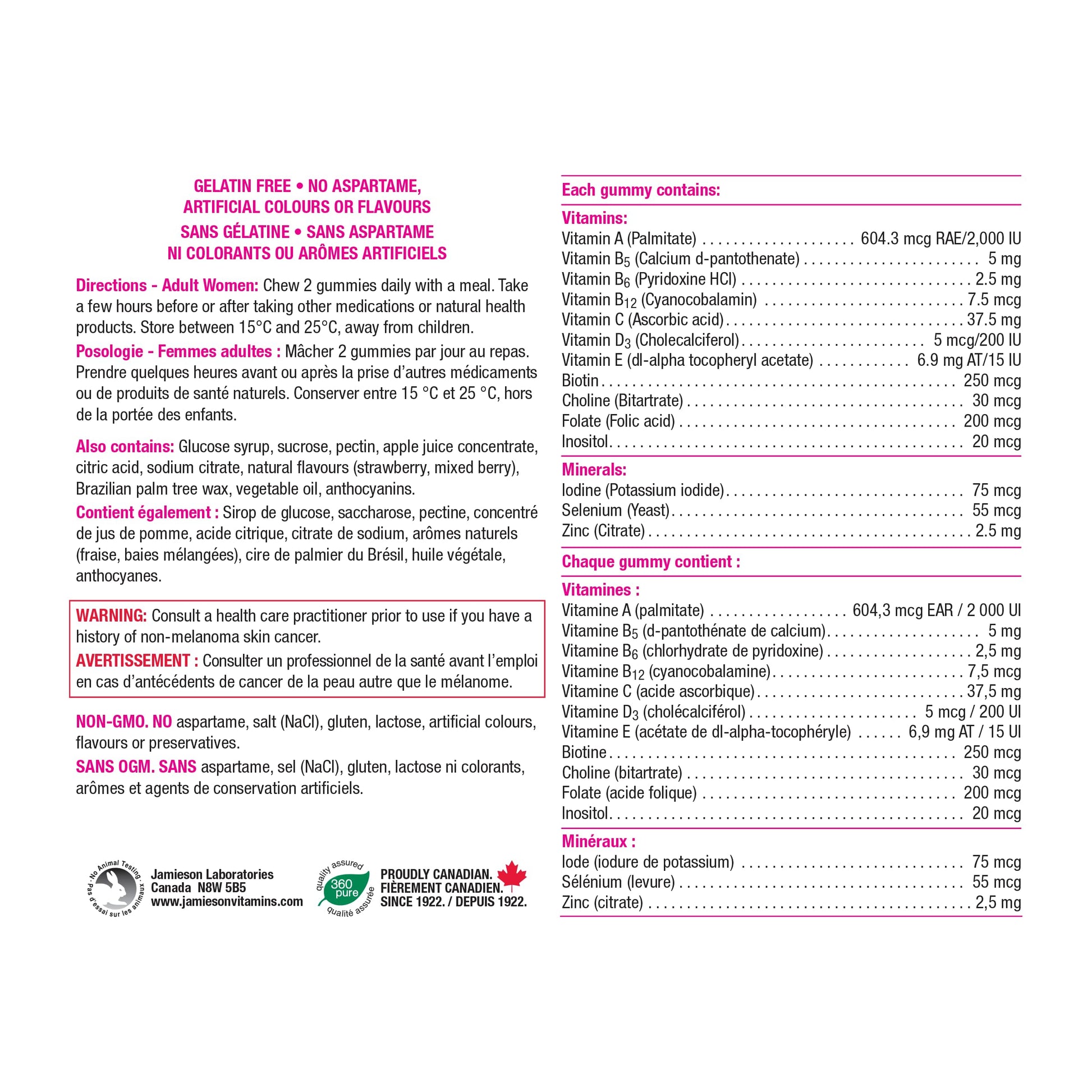 Jamieson Multivitamin Gummies for Women, 130 Gummies Mixed Berry Flavour. Supports Bone Health, Immunity, Energy, Hair, Skin Nails. With Biotin and Vitamin B12, Vegetarian, Non-GMO - Available at All In One Marketplace Canada