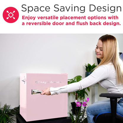 Frigidaire EFR176 Retro Compact Fridge with Chiller Mini Refrigerator with Built-in Bottle Opener for Office, Bedroom, Dorm Room or Cabin, 1.6 cu ft 16"D x 18"W x 18.5"H, Pink