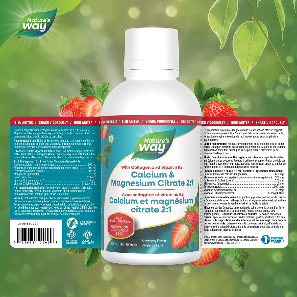 Nature's Way Calcium and Magnesium Citrate Supplement, 2:1 Ratio – Helps Support Bone & Teeth Health – Contains Vitamins D3 and K2, and Collagen to Support Immune System – Strawberry Flavour, 500 ml