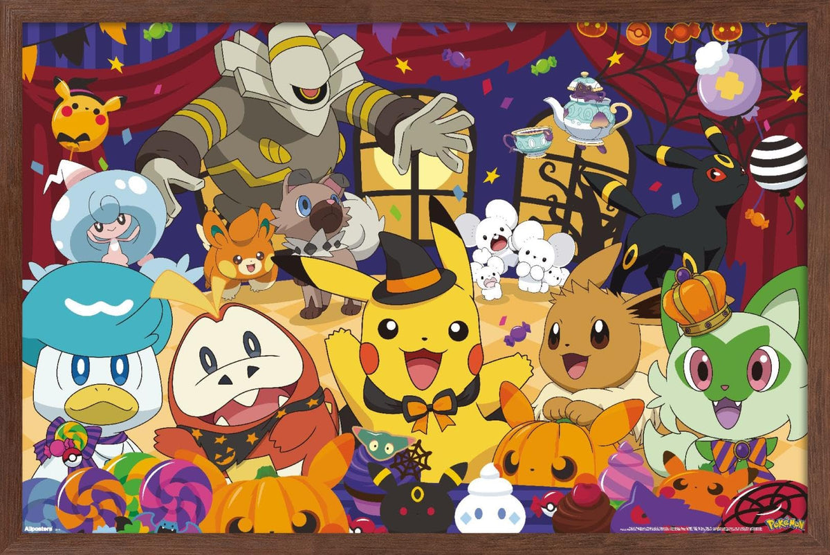 Pokémon : Fête d'Halloween - Affiche murale de groupe, 34 po L x 22,4 po l, version encadrée en acajou
