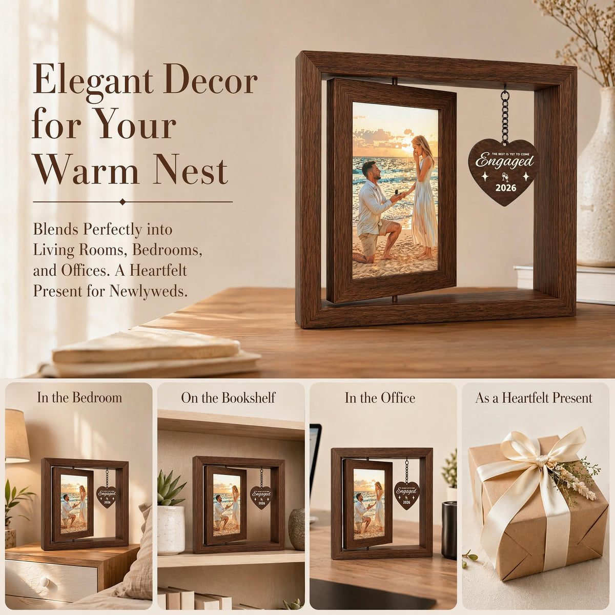 UPEOXT Engagement Gifts for Couples, Wood Rotating Picture Frame, 21.5×20.5cm, 8.46×8.07inch, Double Sided Wedding Bridal Shower Decor, Unique Engaged Fiance Gift, 2026 Christmas Ornament Photo Frame 🍁 All In One Marketplace Canada