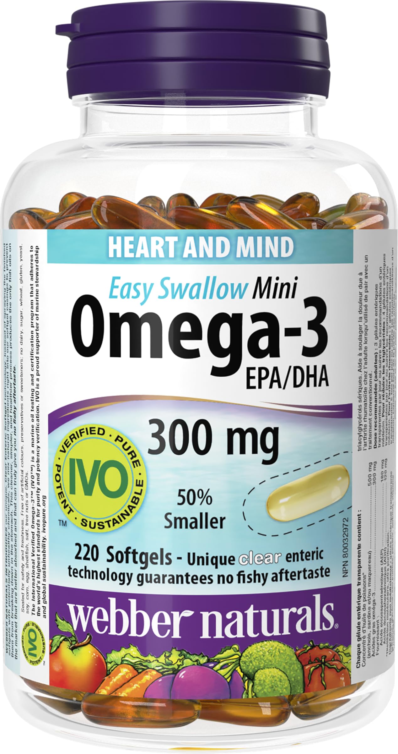 Webber Naturals Omega-3 300 mg Mini, 220 Clear Enteric No Fishy Aftertaste Mini Softgels, Supports Cardiovascular Health and Brain Function - Available at All In One Marketplace Canada