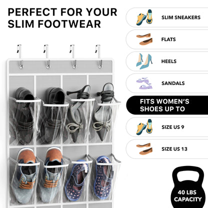 SimpleHouseware Crystal Clear Over The Door Hanging Shoe Organizer, 24 Pockets, Grey (162.6 cm H x 48.6 cm W) - Available at All In One Marketplace Canada