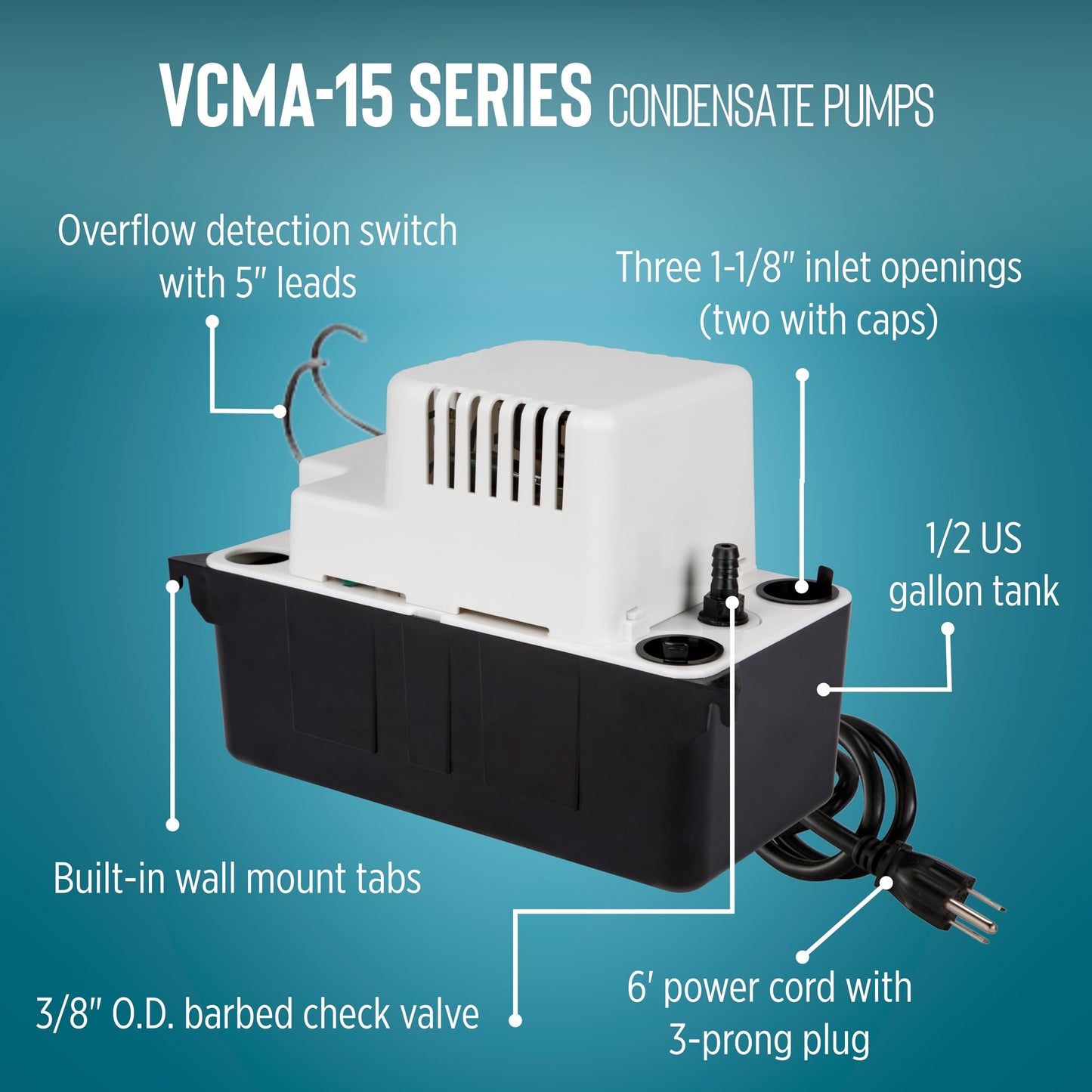 Little Giant VCMA-15ULST 115 Volt, 65 GPH, 1/50 HP Automatic Condensate Removal Pump for HVAC/Refrigeration Systems/Dehumidifiers with Overflow Detection Switch and 20-Foot Tubing, Black/White, 554415 🍁 All In One Marketplace Canada