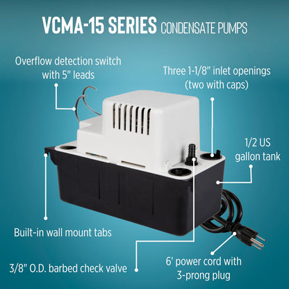 Little Giant VCMA-15ULST 115 Volt, 65 GPH, 1/50 HP Automatic Condensate Removal Pump for HVAC/Refrigeration Systems/Dehumidifiers with Overflow Detection Switch and 20-Foot Tubing, Black/White, 554415 🍁 All In One Marketplace Canada