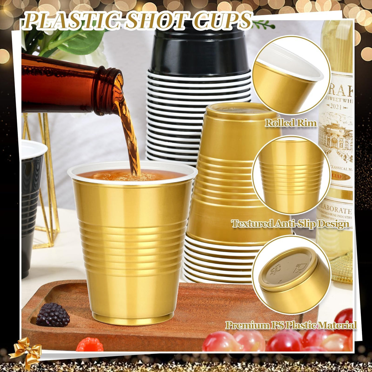 100 PCS 12 OZ Plastic Cups, Party Cups Black and Gold Cups Disposable Drinking Cup Bulk for Christmas Graduation Wedding Birthday Halloween New Year Family Gathering Festive Celebrations 🍁 All In One Marketplace Canada