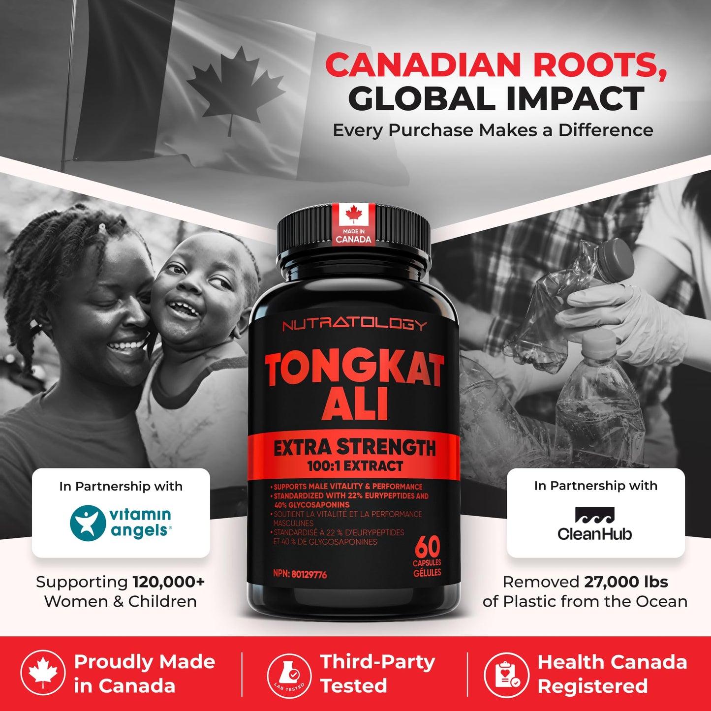Nutratology® Tongkat Ali Supplement For Men | Canadian Made | 100:1 Extra Strength Tongkat Ali Extract + Black Pepper | Supports Male Vitality & Performance | 60 Capsules - Available at All In One Marketplace Canada