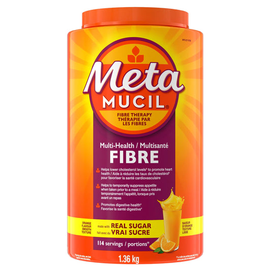 Metamucil, 3 in 1 Psyllium Husk Fibre Powder Supplement for Digestive Health, #1 Doctor Recommended Fibre Brand, Orange Flavored, Real Sugar, Smooth Powder, 114 Servings, 1.36kg