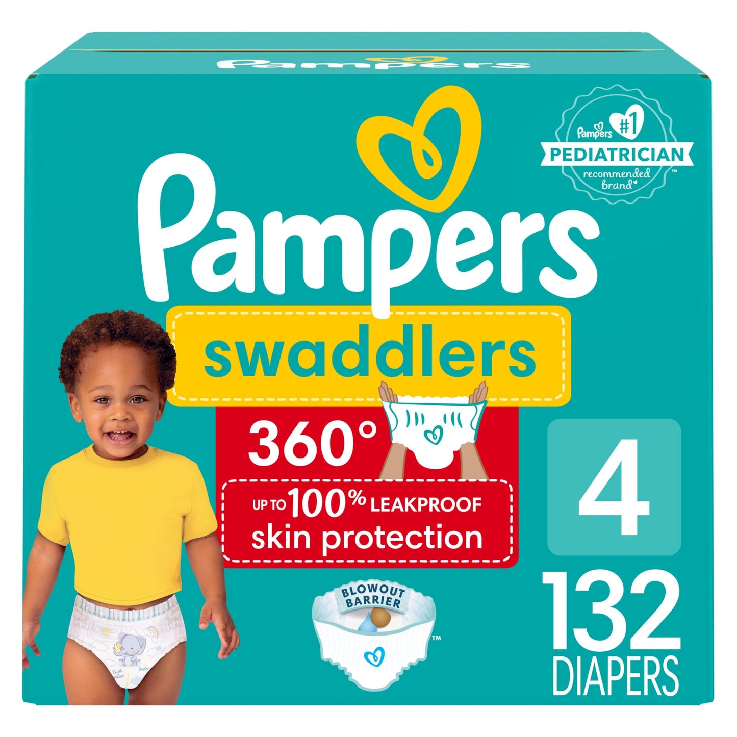 Pampers Diapers - Swaddlers 360 degrees - Size 4, 132 Count, up to 100% Leakproof Comfy Dry Fit, EZ Off Tabs Designed for Easy Changes, Pull On Diaper