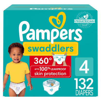 Pampers Diapers - Swaddlers 360 degrees - Size 4, 132 Count, up to 100% Leakproof Comfy Dry Fit, EZ Off Tabs Designed for Easy Changes, Pull On Diaper