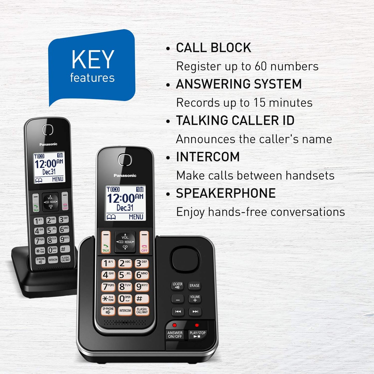 Panasonic DECT 6.0 Expandable Cordless Phone with Answering Machine and Call Block - 2 Cordless Handsets - KX-TGD392CB (Black)