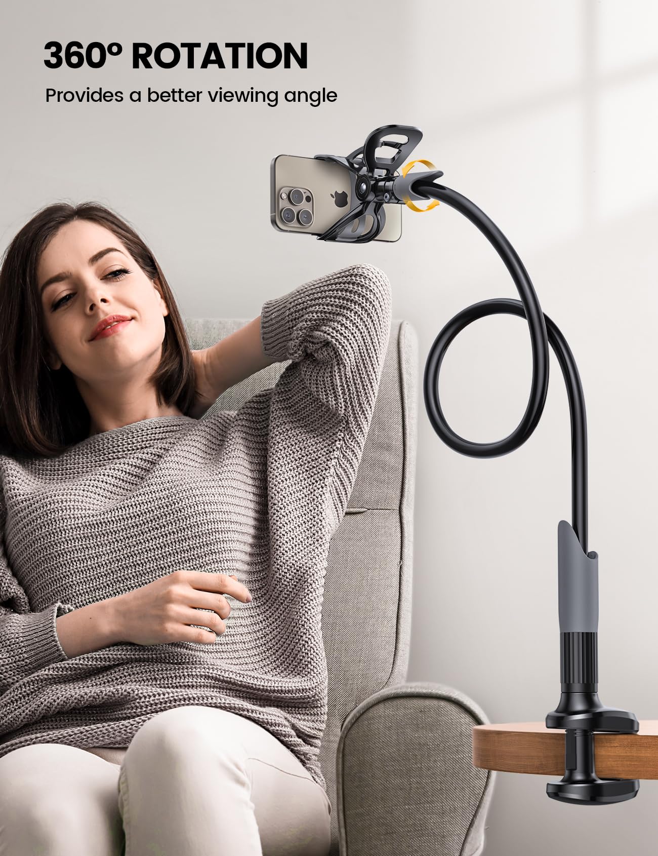 Phone Holder Bed Gooseneck Mount - Lamicall Cell Phone Stand Clamp Clip for Desk, Flexible Lazy Long Arm Headboard Bedside for iPhone 13 14 15 16 17 Pro Max Mini Plus, S24 S25 Ultra, 4-7" Smartphones