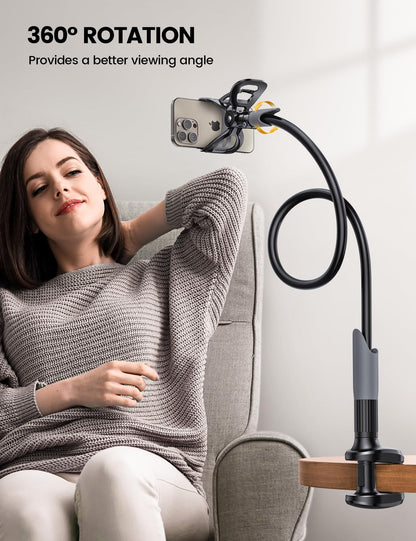Phone Holder Bed Gooseneck Mount - Lamicall Cell Phone Stand Clamp Clip for Desk, Flexible Lazy Long Arm Headboard Bedside for iPhone 13 14 15 16 17 Pro Max Mini Plus, S24 S25 Ultra, 4-7" Smartphones