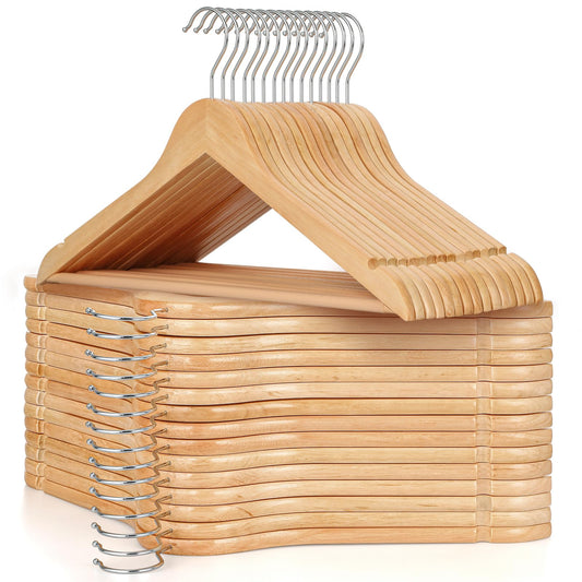 TOPIA HANGER Wooden Hangers (30 Pack), Natural Wooden Coat Hangers with Non Slip Pants Bar, 360°Swivel Hook and Shoulder Notches for Suit, Jacket, Pants, Smooth Finish Clothes Hangers - CT34N30 - Available at All In One Marketplace Canada