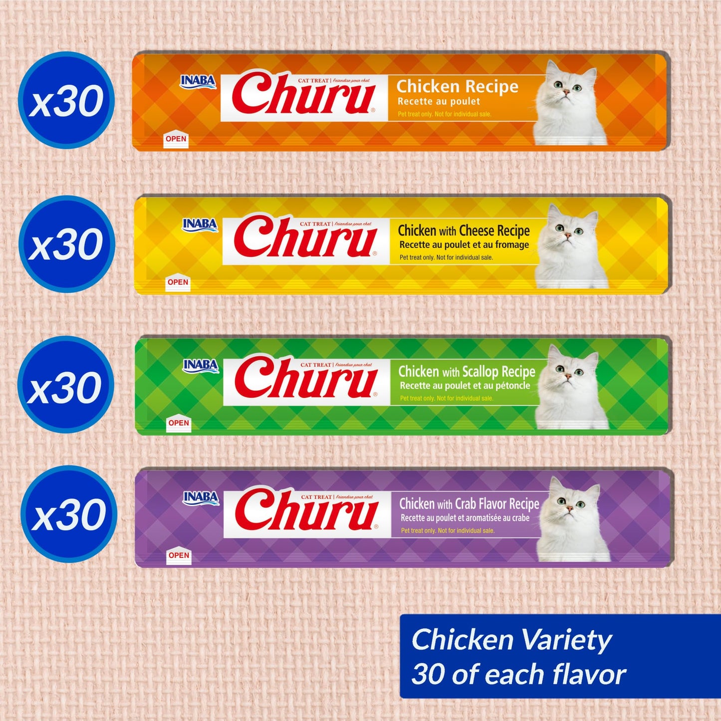 INABA Churu Cat Treats, Lickable, Squeezable Creamy Purée with Vitamin E, 14 Grams per Tube, 120 Tubes Total, Chicken Variety