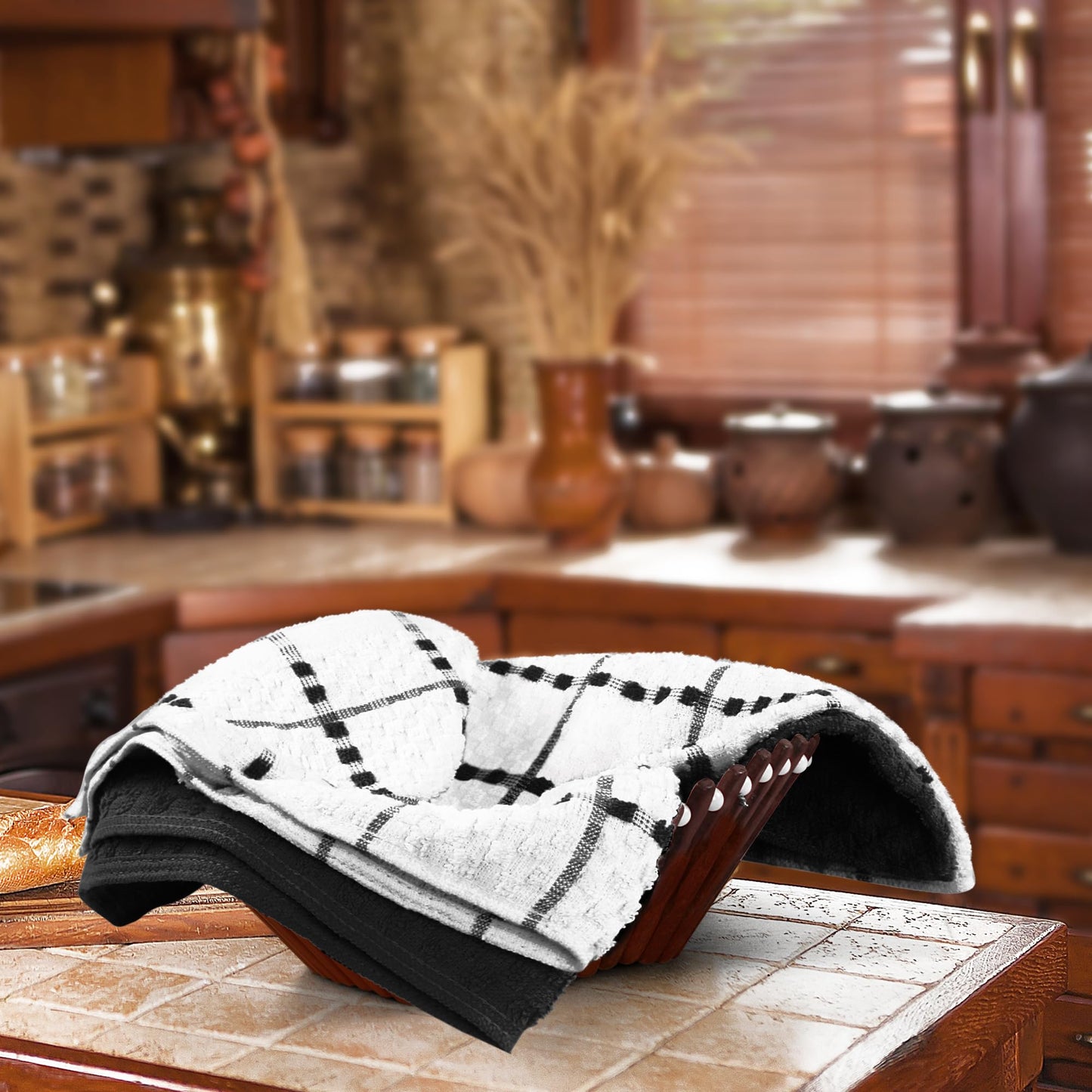 Utopia Towels Kitchen Towels, 12 Pack, 15 by 25 Inches, Dobby Weave, 100% Ring Spun Cotton, Super Soft and Absorbent Dish, Tea, and Bar Towels, Black - Available at All In One Marketplace Canada