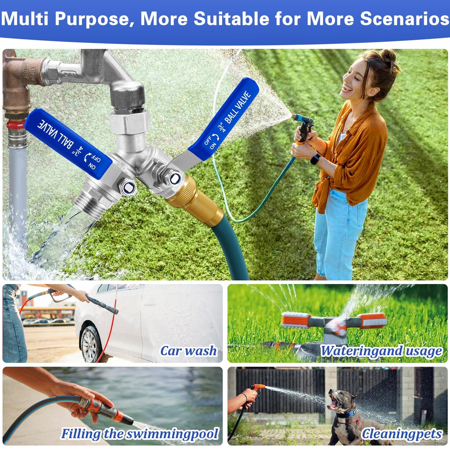 Garden Hose Splitter 2 Way, 304 Stainless Steel Heavy Duty Water Hose Splitter with Long Handle, 3/4" GHT Thread Y Valve Water Garden Hose Tap Adapter, Full Flow Water Splitter Connector