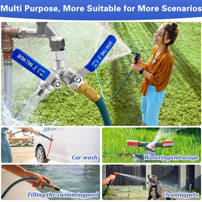 Garden Hose Splitter 2 Way, 304 Stainless Steel Heavy Duty Water Hose Splitter with Long Handle, 3/4" GHT Thread Y Valve Water Garden Hose Tap Adapter, Full Flow Water Splitter Connector