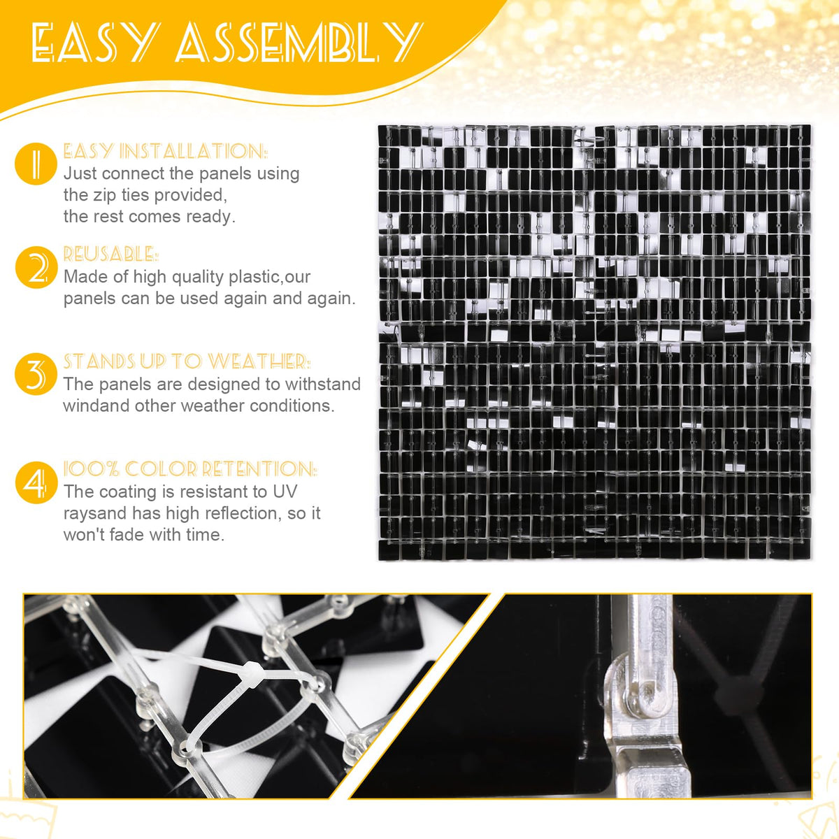 Toile de fond scintillante noire 6 pi x 4 pi, mur à sequins pour photo de fête, décoration pour anniversaire, Halloween et fiançailles