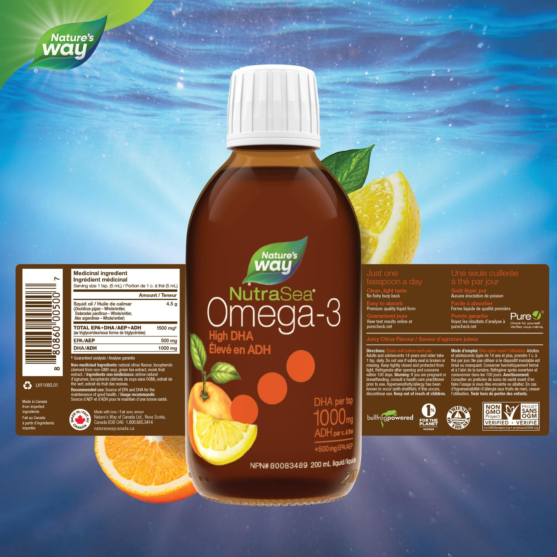 Nature's Way NutraSea High DHA Omega 3 Fish Oil Liquid Supplement for Adults and Kids Ages 14+ – Juicy Citrus Flavour, Non-GMO – Brain & Cognitive Support – 1500mg EPA & DHA, 200 mL Nature's Way