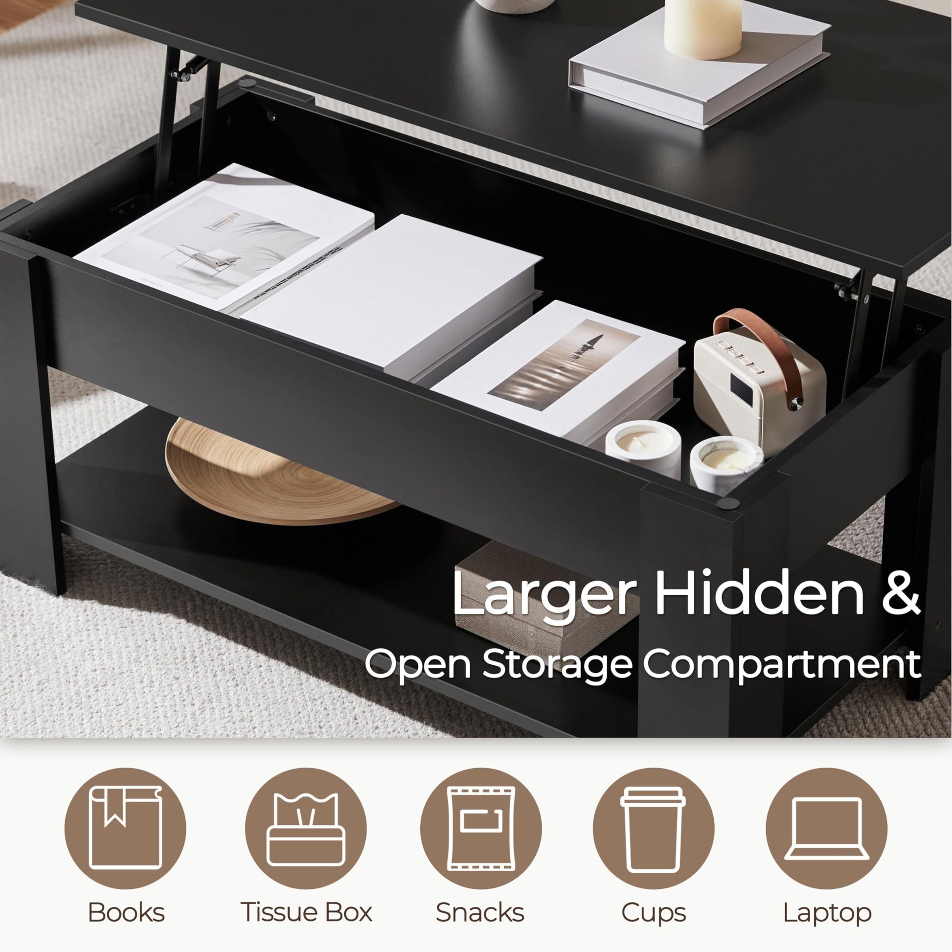 Yaheetech Coffee Table with Storage, Lift Top, 98cm L, Black Yaheetech