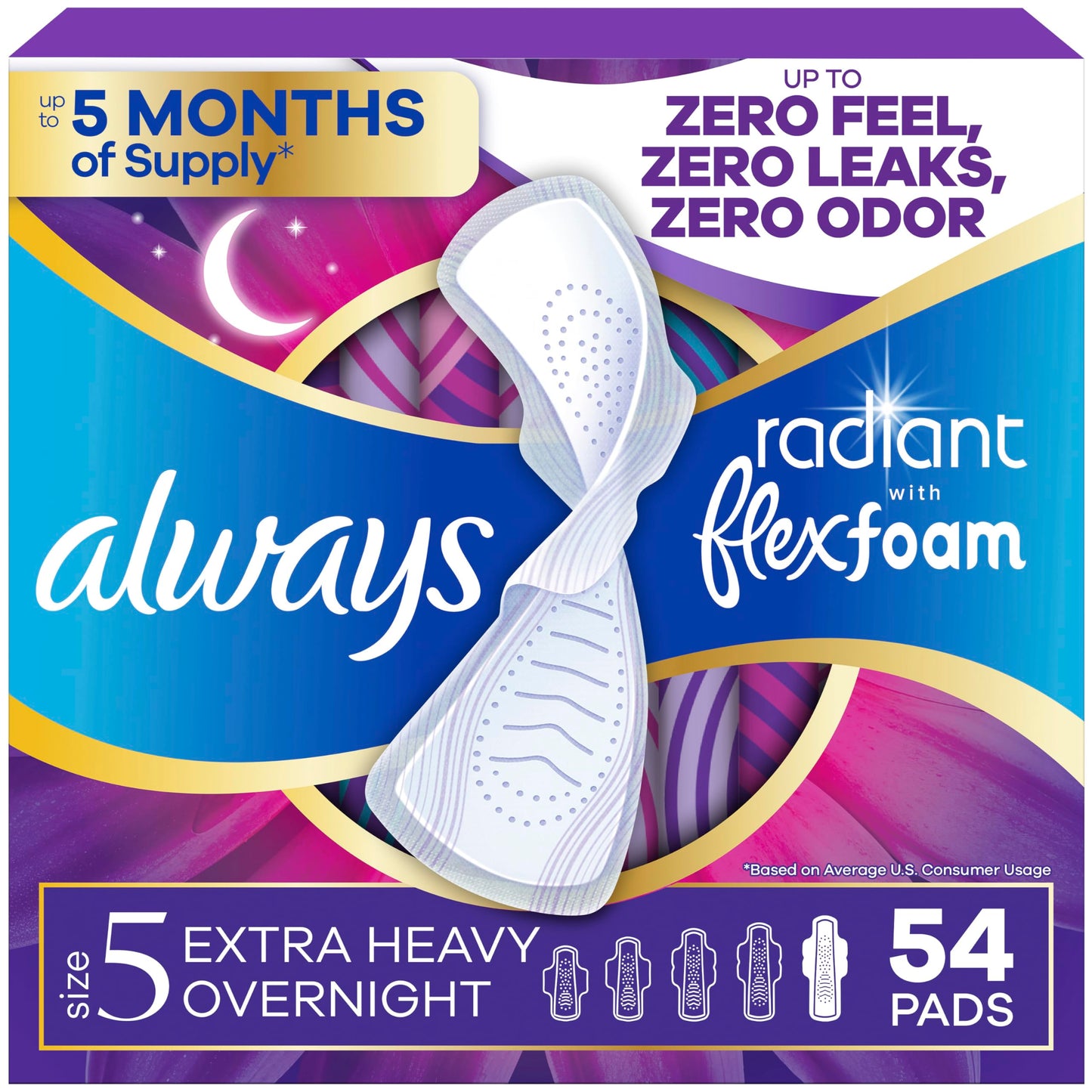 Always Radiant with FlexFoam Pads, Size 5, Extra Heavy Overnight Absorbency, with Wings, Lightly Scented, Up to ZERO leaks, ZERO feel, ZERO odor, 54 Count 🍁 All In One Marketplace Canada