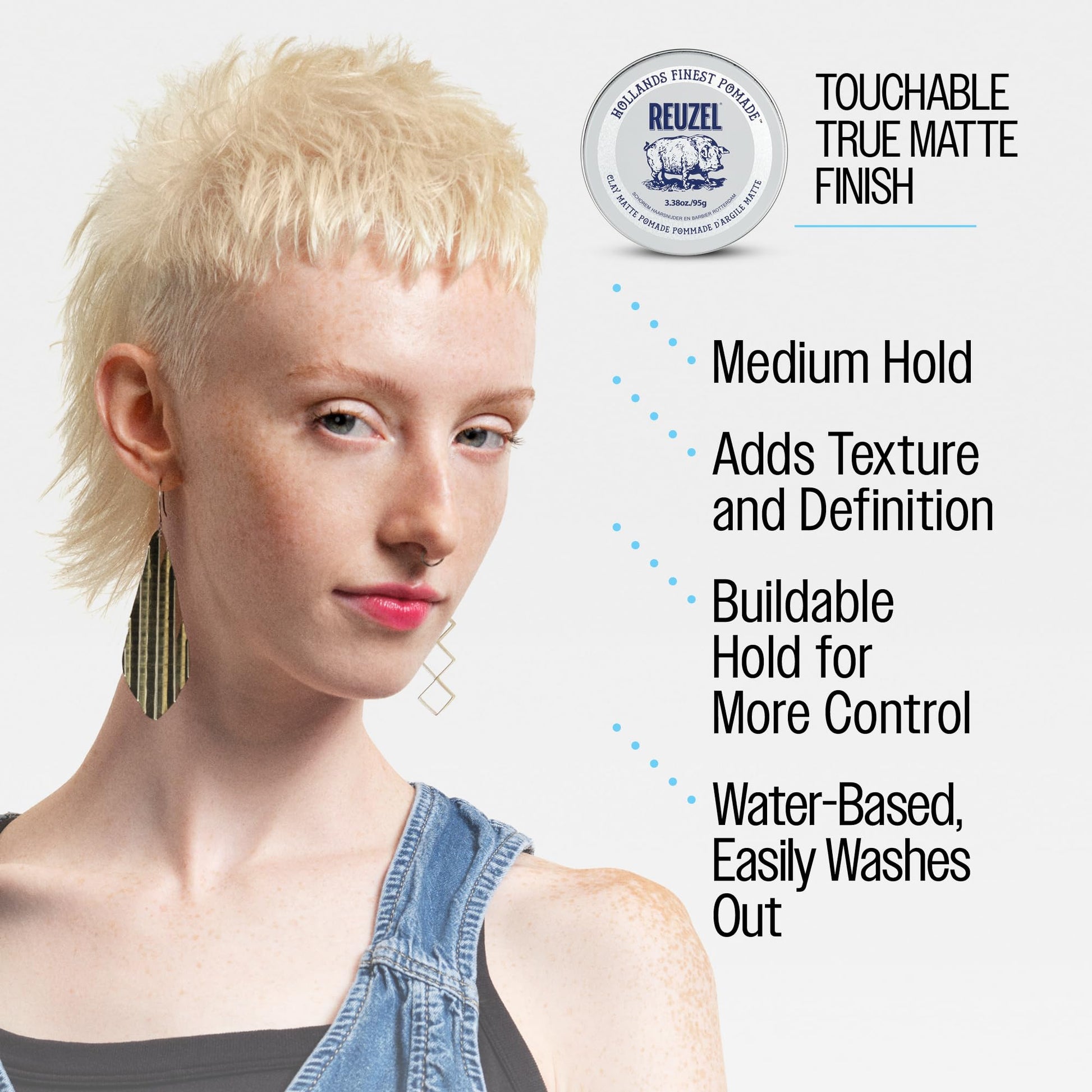 Reuzel Clay Matte Pomade, Medium Hold Matte Finish Hair Styling Clay, Lightweight & Flexible Texturizing Pomade for Volume & Definition With Aloe Vera & Vitamin E, 95g REUZEL
