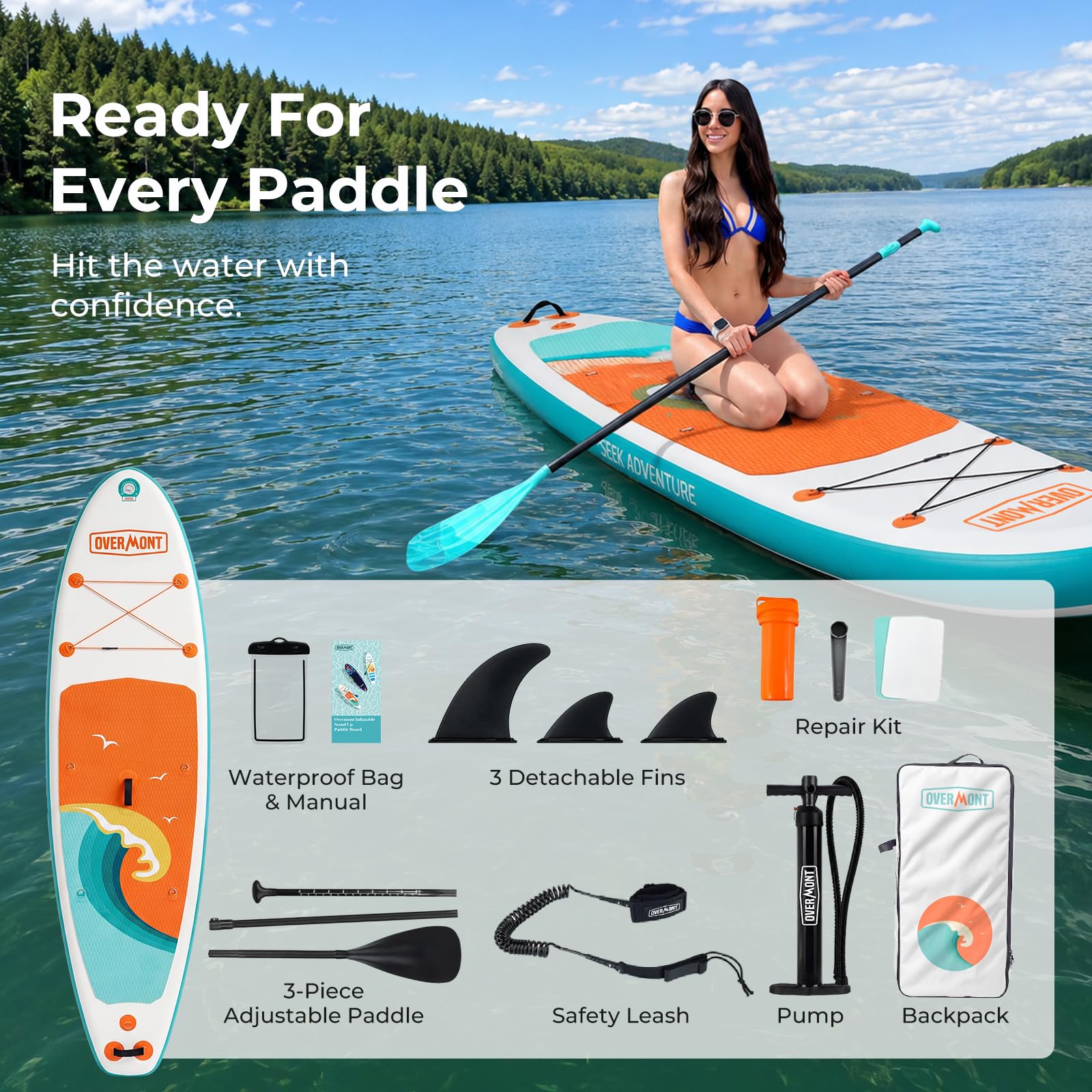 Overmont Inflatable Paddle Board 10'7" x 33" x 6", Extra Wide SUP for Adults & Beginners, 350 lb Stand Up Paddle Board with Adjustable Paddle, Pump, 3 Fins, Leash, Backpack & Repair Kit OVERMONT