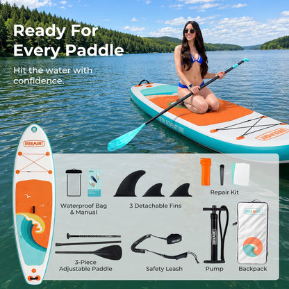 Overmont Inflatable Paddle Board 10'7" x 33" x 6", Extra Wide SUP for Adults & Beginners, 350 lb Stand Up Paddle Board with Adjustable Paddle, Pump, 3 Fins, Leash, Backpack & Repair Kit OVERMONT