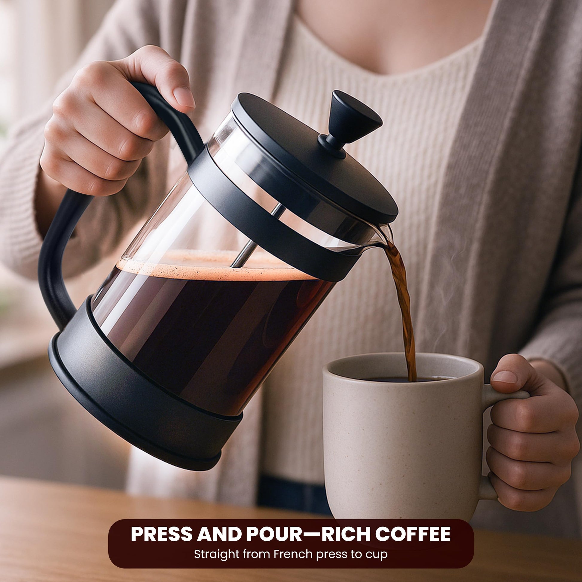 KICHLY - 34 Ounce French Press Espresso and Tea Maker with Triple Filters, Stainless Steel Plunger and Heat Resistant Borosilicate Glass, Black - Available at All In One Marketplace Canada