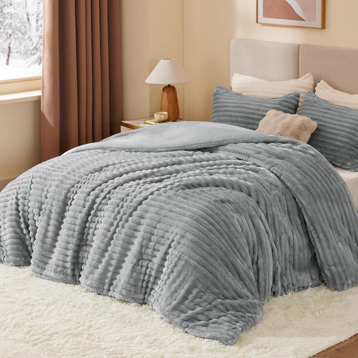 BEDELITE Fleece Queen Comforter Set, Soft Fluffy Bedding Set, Light Grey 🍁 All In One Marketplace Canada