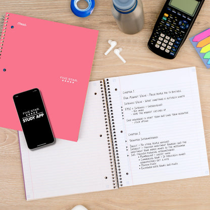 Five Star Spiral Notebook + Study App, 5 Subject, College Ruled Paper, 8-1/2" x 11", 200 Sheets, Fights Ink Bleed, Water Resistant Cover, Prom Pink (820004R)