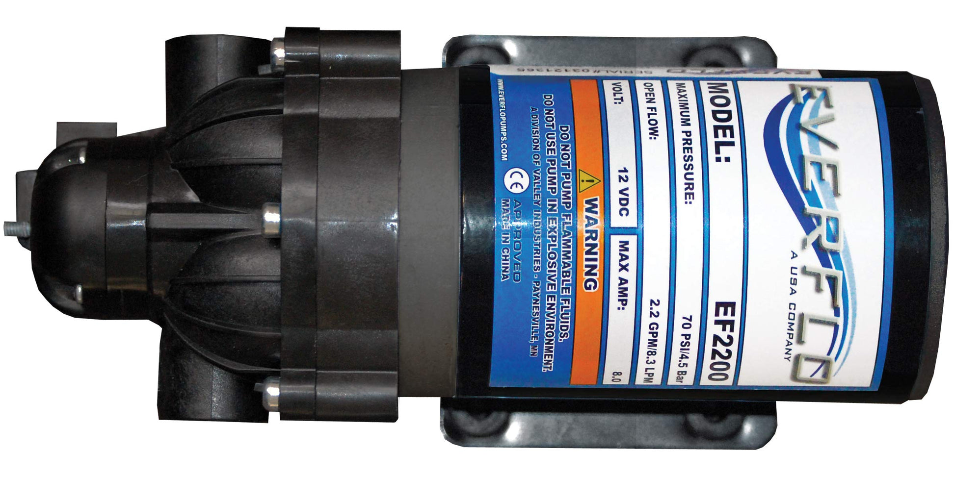 Everflo 12V On-Demand Diaphragm Sprayer Pump - 2.2GPM, 70 PSI, 3/8" FNPT Ports Everflo