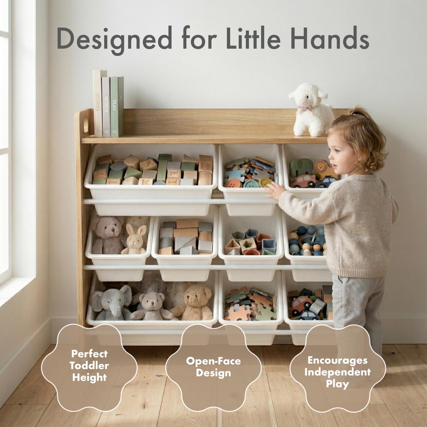 Humble Crew Toy Storage Organizer with Top Shelf and 9 Removable Bins, Natural/White – Toddler Bookshelf with Toy Organizer - Modern Toy Rack Ideal for Kids' Rooms, Playrooms, and Nurseries Humble Crew