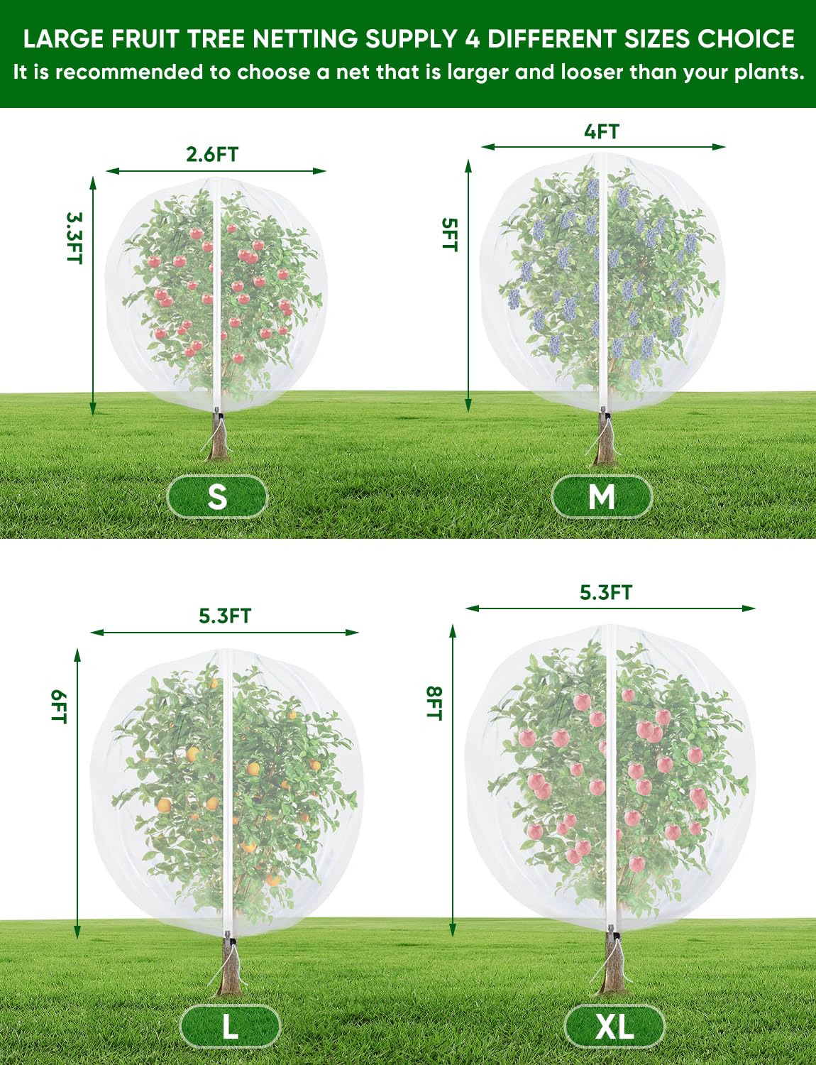 4Pack Garden Fruit Tree Netting for Cicadas with Zipper 150 x 120cm Garden Bird Mesh Netting for Blueberry Bushes with Drawstring,Insect Plant Protection Mesh Net Bags for Tomato,Cicada,Animals