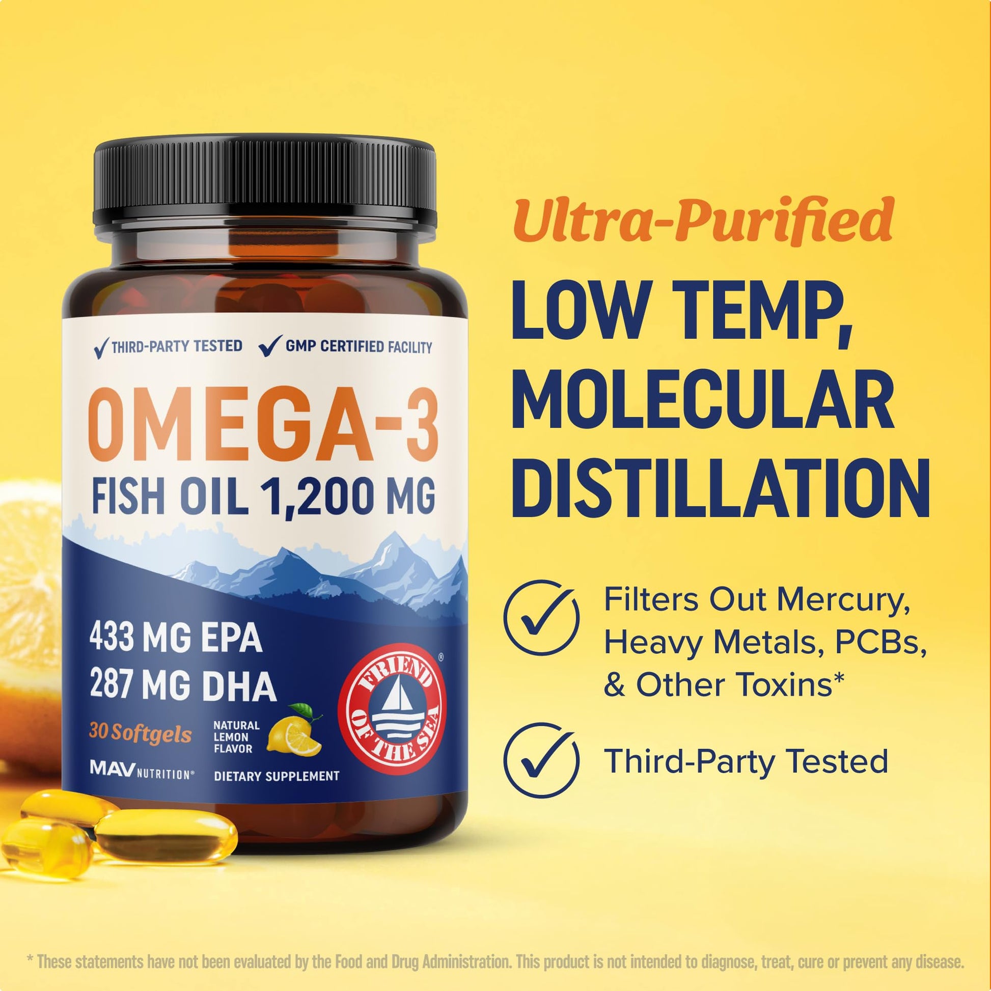 Triple Strength Omega 3 Fish Oil 1200 mg | EPA & DHA | Wild Caught, Sustainably Sourced Omega-3 Fatty Acids | Premium Burpless Fish Oil Supplements | Clean Label Certified, Third-Party Tested | 30 Ct