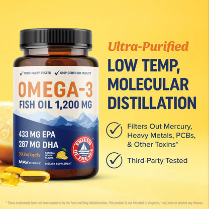 Triple Strength Omega 3 Fish Oil 1200 mg | EPA & DHA | Wild Caught, Sustainably Sourced Omega-3 Fatty Acids | Premium Burpless Fish Oil Supplements | Clean Label Certified, Third-Party Tested | 30 Ct