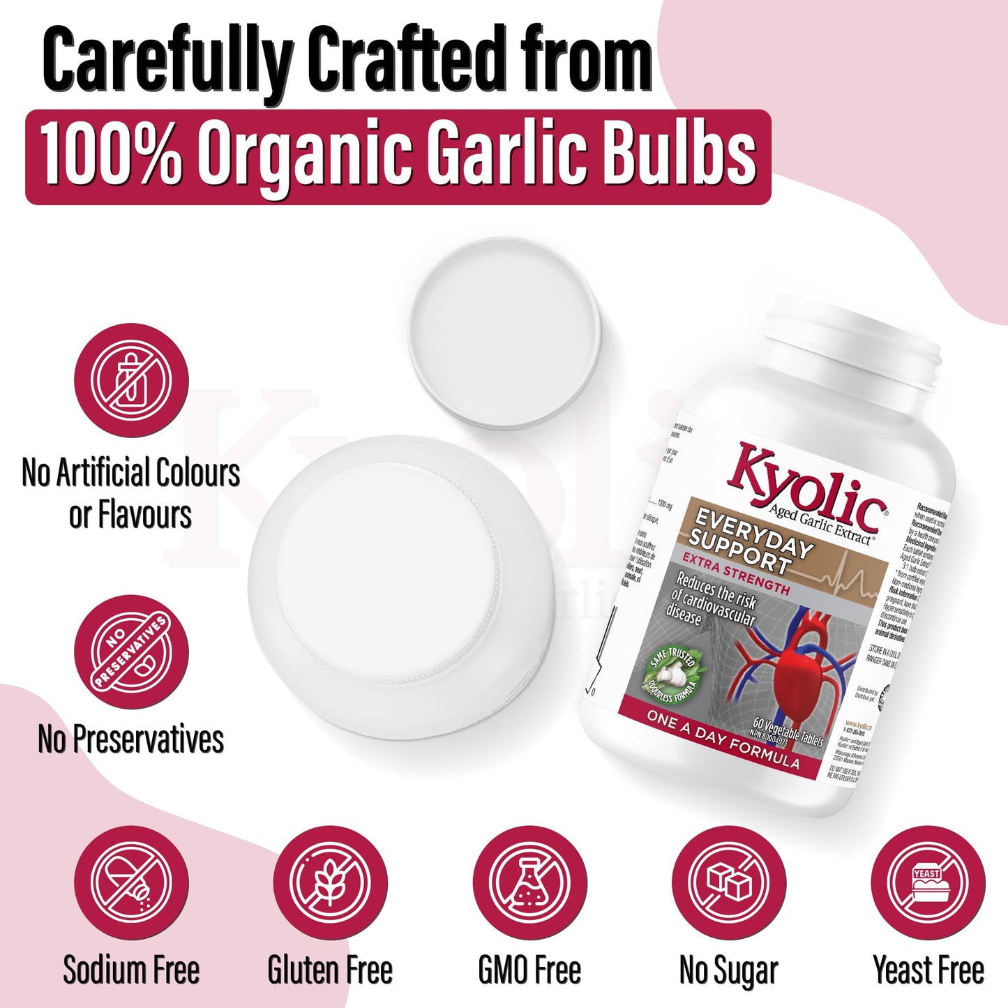 Kyolic - Odourless Aged Garlic Extract Everyday Support Extra Strength One-A-Day 1000mg, 60 Veg Tablets 60-Day Supply - Kyolic Garlic Supplements, Garlic Pills - Herbal Supplement for Wellness Support - Available at All In One Marketplace Canada