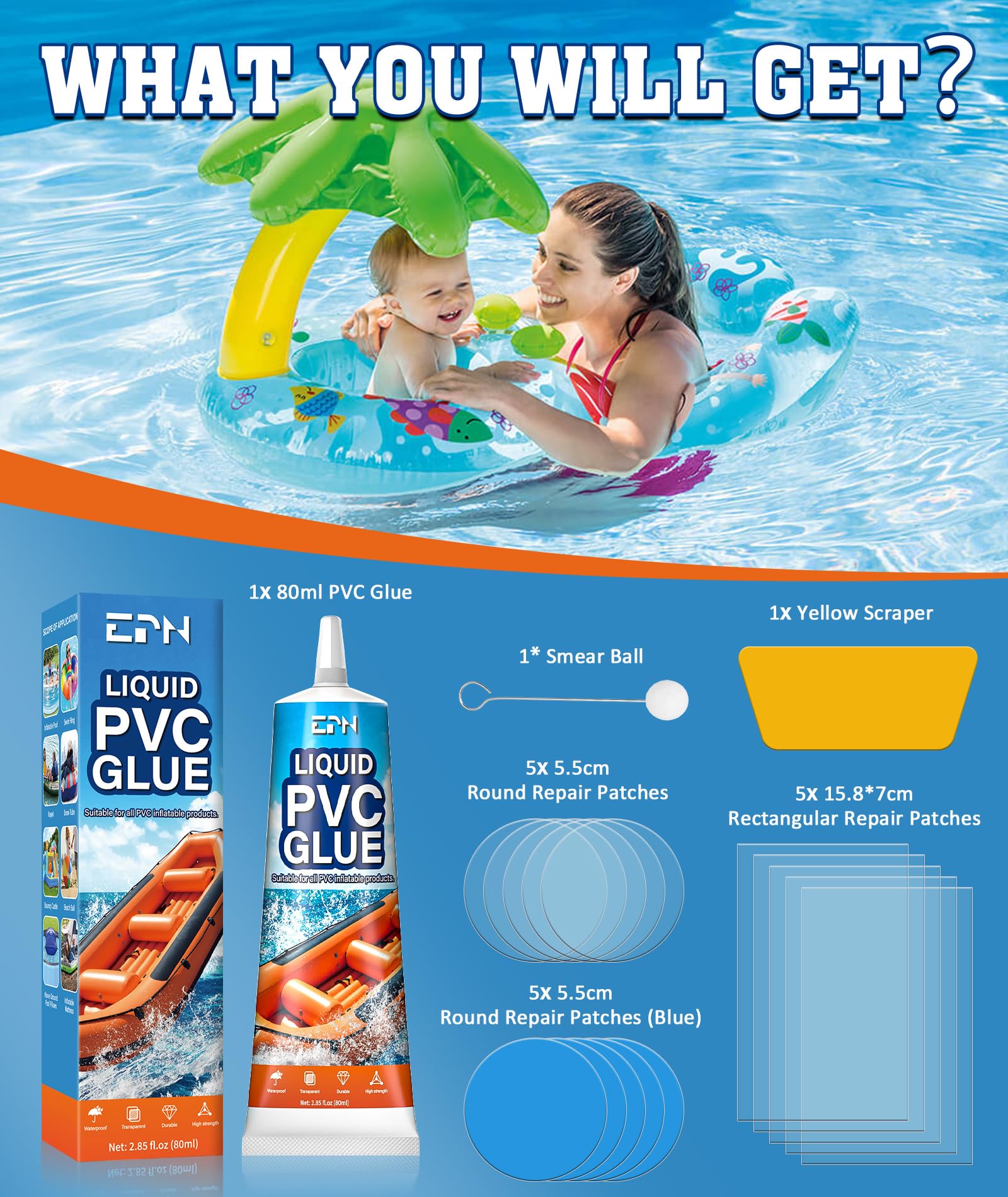 EPN Air Mattress Patch Kit, Waterproof Vinyl Pool Liner Repair Kit for Inflatables, Air Mattress, Swimming Ring, Tent, Bounce House, Inflatable Toys, Hot Tub, PVC Boat, Raft, Kayak (80ml*1)
