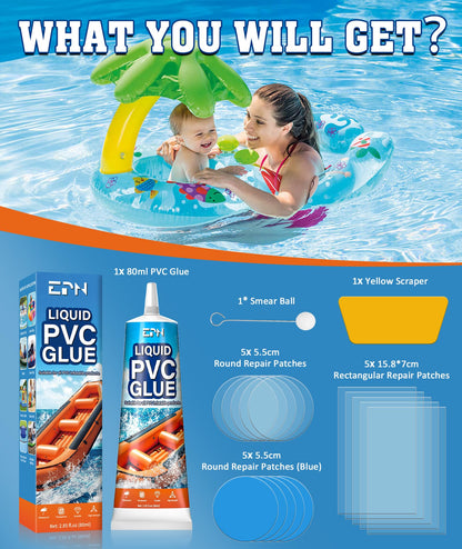 EPN Air Mattress Patch Kit, Waterproof Vinyl Pool Liner Repair Kit for Inflatables, Air Mattress, Swimming Ring, Tent, Bounce House, Inflatable Toys, Hot Tub, PVC Boat, Raft, Kayak (80ml*1)