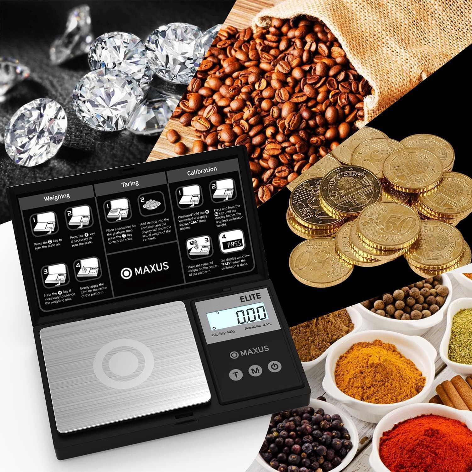 MAXUS Precision Pocket Scale 500g x 0.01g, Digital Gram Scale with Tray, Small Food Scale, Jewelry Scale, Ounces Grains Scale with Backlit LCD - Available at All In One Marketplace Canada