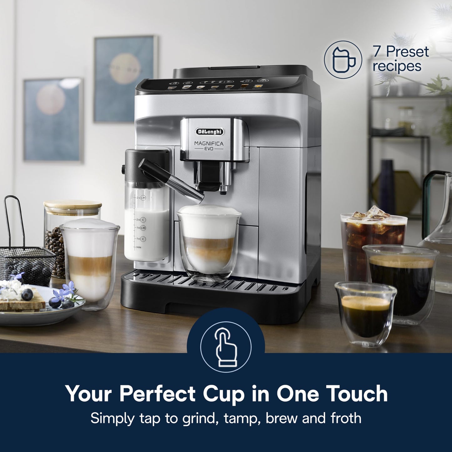 De'Longhi Magnifica Evo Automatic Espresso & Coffee Machine with Auto Milk Frother, Built-in Grinder & Auto-Clean Function - For Latte, Cappuccino, Americano, Iced Coffee, ECAM29084SB, Silver - Available at All In One Marketplace Canada