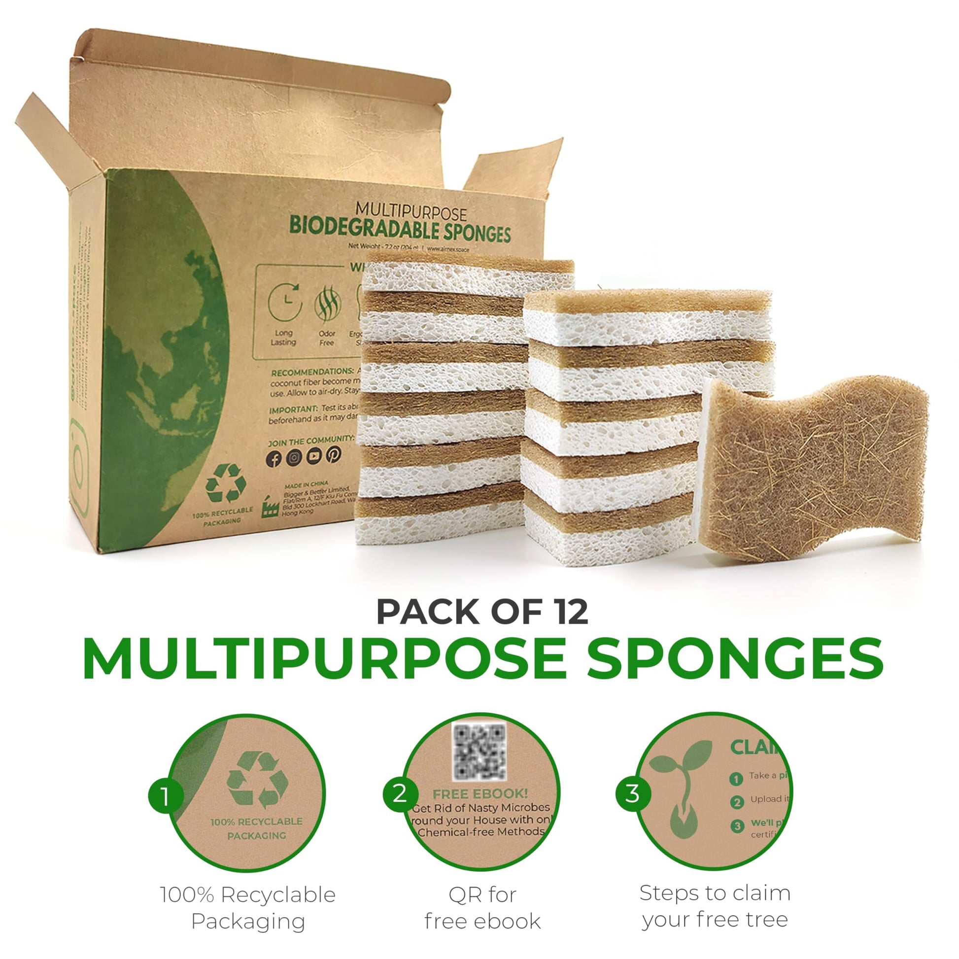 AIRNEX 12 Pack Natural Sponges for Dishes - Biodegradable Sponges for Kitchen - Plant Based Cellulose & Coconut Natural Dish Sponge - Non Toxic Eco Friendly Sponges, Non Scratch Kitchen Scrubber - Available at All In One Marketplace Canada