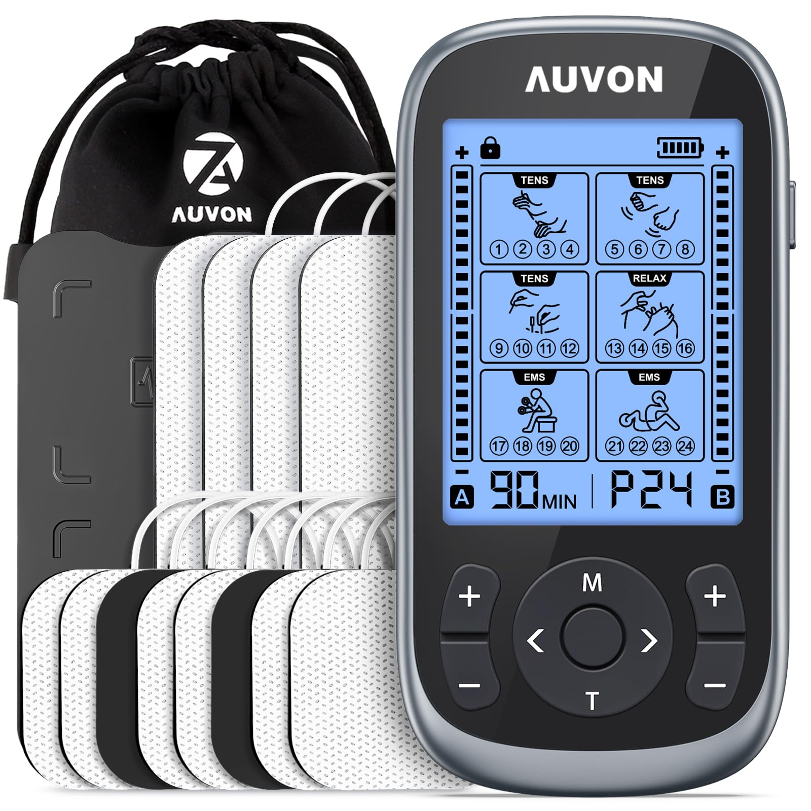 AUVON 3-in-1 TENS Machine, TENS EMS Muscle Stimulator with 40 Intensities for Gradual Shoulder, Sciatica, Back Pain Relief, 24 Modes Rechargeable TENS Unit Massager with 12 TENS Pads - Available at All In One Marketplace Canada