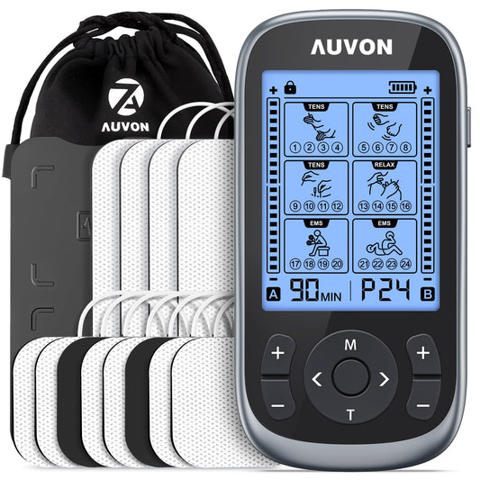AUVON 3-in-1 TENS Machine, TENS EMS Muscle Stimulator with 40 Intensities for Gradual Shoulder, Sciatica, Back Pain Relief, 24 Modes Rechargeable TENS Unit Massager with 12 TENS Pads - Available at All In One Marketplace Canada