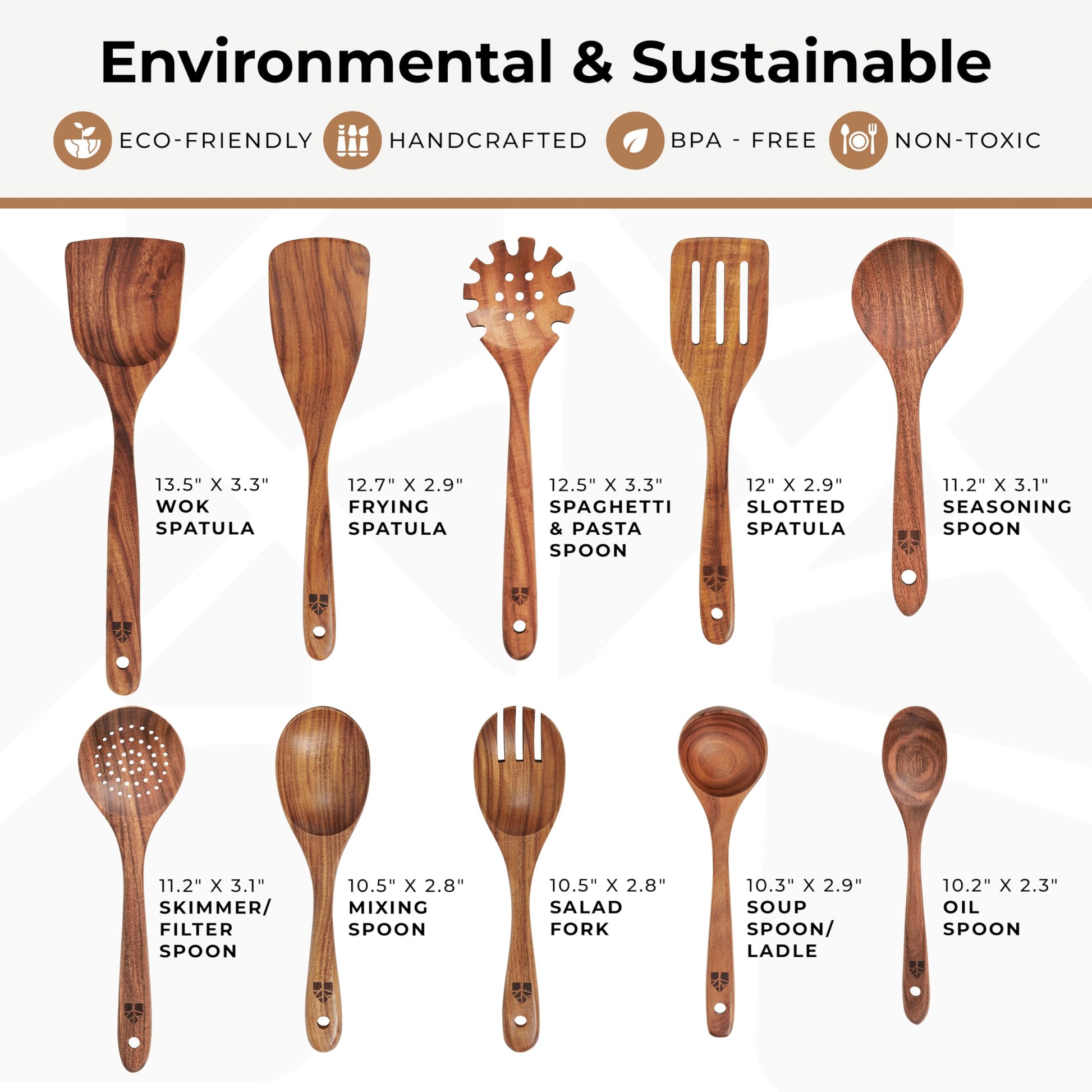 Wooden Spoons for Cooking, Kitchen Utensil Set, 10 Pcs Cooking Utensils Set for Nonstick Pans & Cookware – Study Teak Wood, Lightweight & Heat Resistant - Available at All In One Marketplace Canada